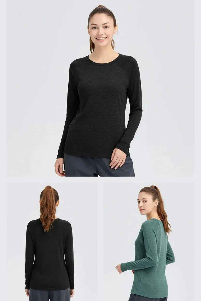 Women's Merino wool base layer top by Mead's Supply & Equipment, long sleeve, 180gsm, 17.5 micron, ideal for activewear.