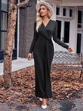 Black women's solid V-neck waist dress by Stylish 3Sixty5, featuring a chic and fitted design for elegant occasions.