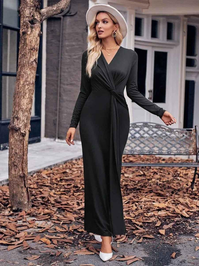 Black women's solid V-neck waist dress by Stylish 3Sixty5, featuring a chic and fitted design for elegant occasions.