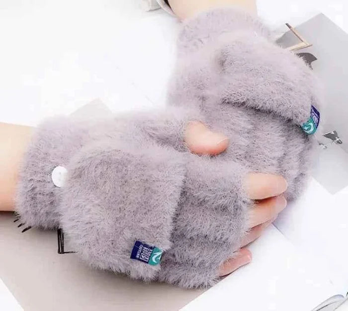 Women's convertible fingerless gloves from Mead's Supply & Equipment Outfitters in brown and gray fleece, ideal winter accessories.