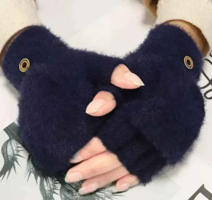 Women’s convertible fingerless gloves by Mead's Supply & Equipment Outfitters, warm fleece flip mittens in brown and gray, winter accessories.