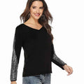 Black women's European Glam Sequin Top by Stylish 3Sixty5, featuring shimmering sequins and a stylish, fitted design.