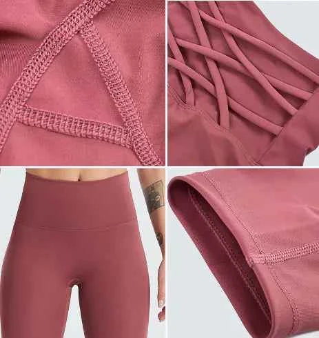 Brown and red women's quick dry high-waisted yoga pants from Mead's Supply & Equipment Outfitters, athletic leggings for gym and fitness.