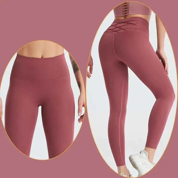 Women's quick dry high-waisted yoga pants by Mead's Supply & Equipment Outfitters, featuring a brown and red athletic leggings design.