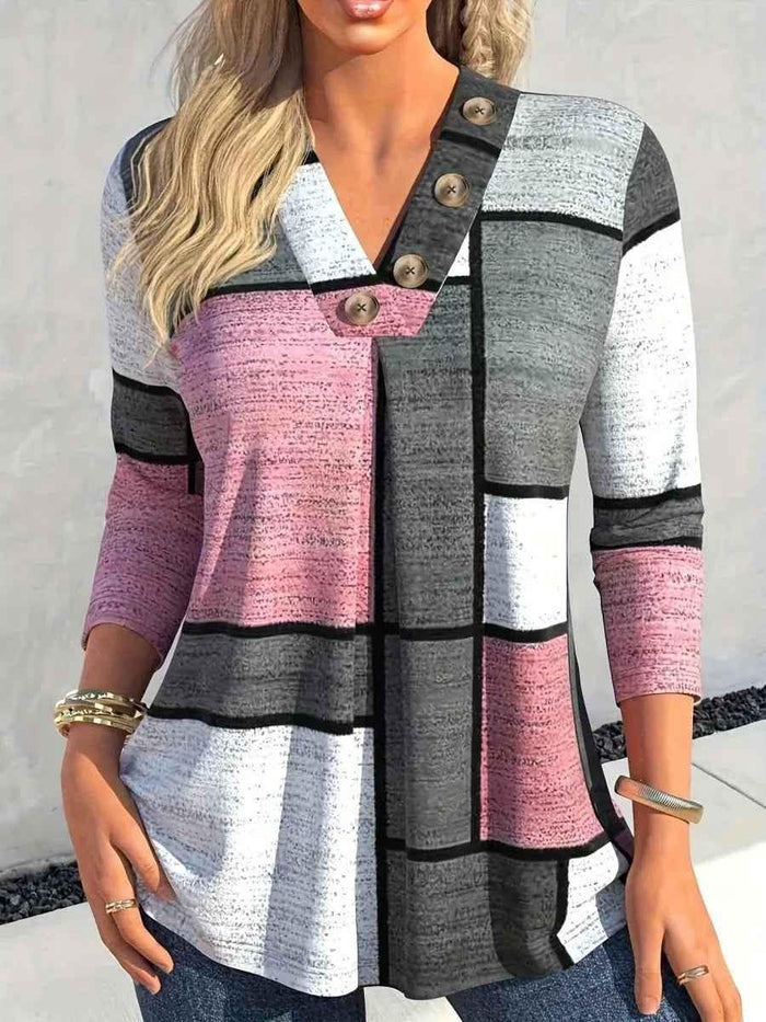 Pink Women's Seraph V-Line Button Knit Top by Stylish 3Sixty5, featuring a fitted V-neck design and button details.