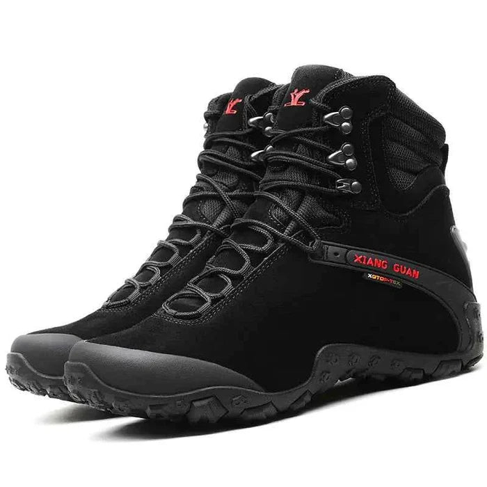 Black women's waterproof hiking boots by Mead's Supply & Equipment Outfitters, lightweight climbing shoes with rugged soles.