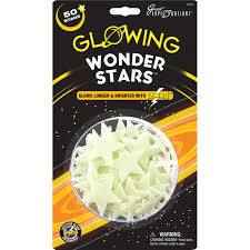 50 glow-in-the-dark pale green plastic stars in a circular blister pack on a black and orange themed retail card.