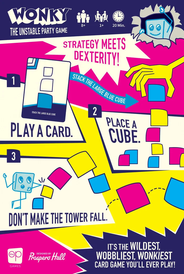 Colorful graphic showing how to play Wonky by stacking wobbly pink, yellow, and blue cubes into a tower.
