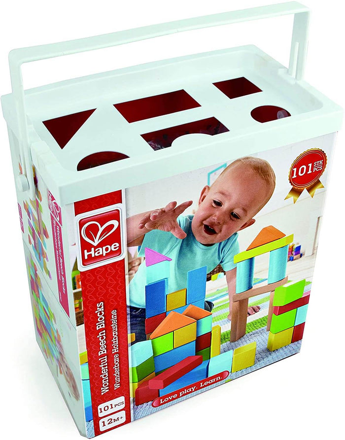 Hape 101-piece colorful beech blocks in a white tub with a shape-sorting lid and baby playing on the label.
