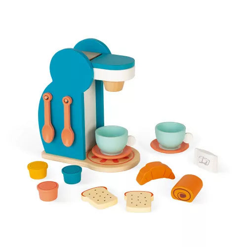 Blue and orange wooden toy coffee machine set with two cups, spoons, play food toast, croissant, and pastries.