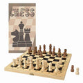 Foldable wooden chess set with light and dark pieces on a checkered board, shown with its illustrated packaging.