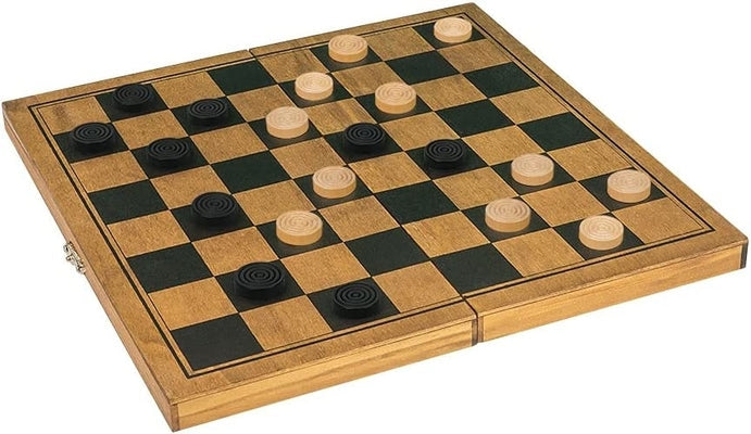 Folding wooden draughts board with black and tan squares and matching round black and light wood game pieces.