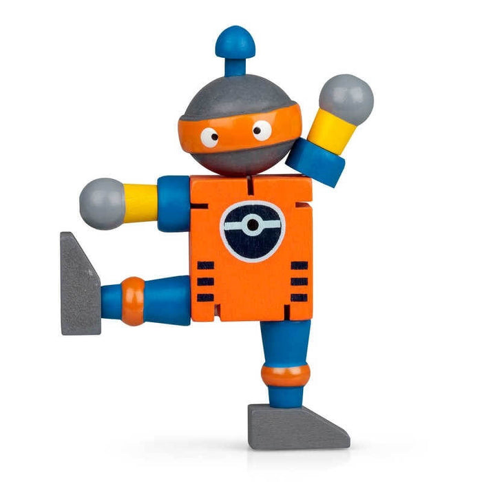 Articulated wooden robot toy with orange body, blue limbs, and grey head, posed mid-kick on a white background.