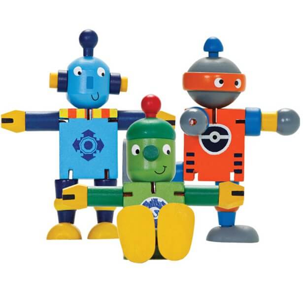 Three colorful wooden robots with flexible joints, featuring square bodies and round heads in blue, green, and orange.