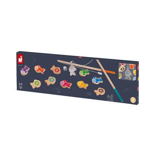 Long navy box featuring colorful wooden fish and two magnetic rods for a children's fishing game.