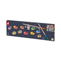 Long navy box featuring colorful wooden fish and two magnetic rods for a children's fishing game.