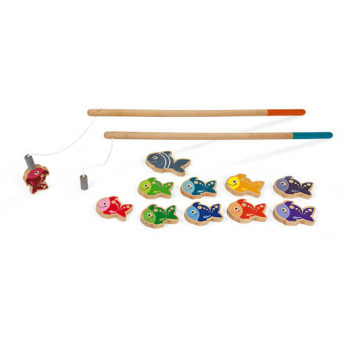 Two wooden magnetic fishing rods and eleven colorful wooden fish in red, blue, green, orange, and purple.