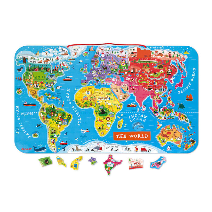 Blue magnetic world map board featuring colorful illustrations and several loose country-shaped puzzle pieces.