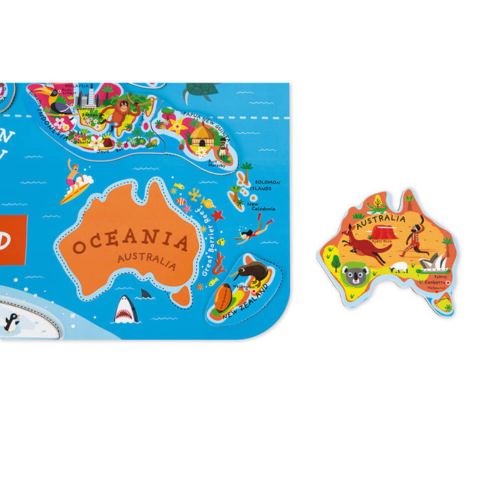 Magnetic world map puzzle showing Oceania and Australia with colorful illustrations of landmarks and wildlife.