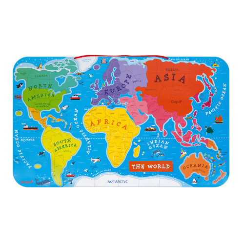 Rectangular world map puzzle with color-coded continents and animal icons on a blue board with a red carry handle.