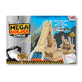 Wooden construction toy box featuring a crane model with strings and levers against a blue and yellow industrial background.