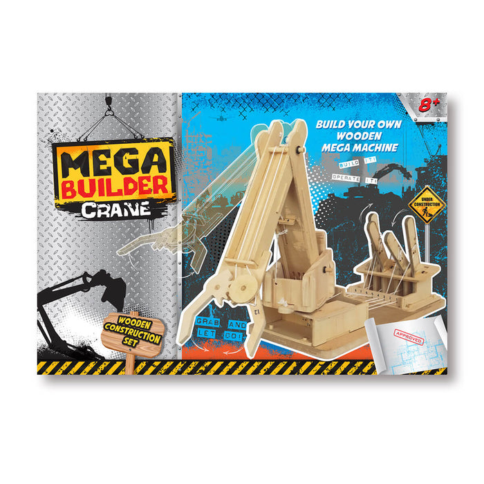 Wooden construction toy box featuring a crane model with strings and levers against a blue and yellow industrial background.