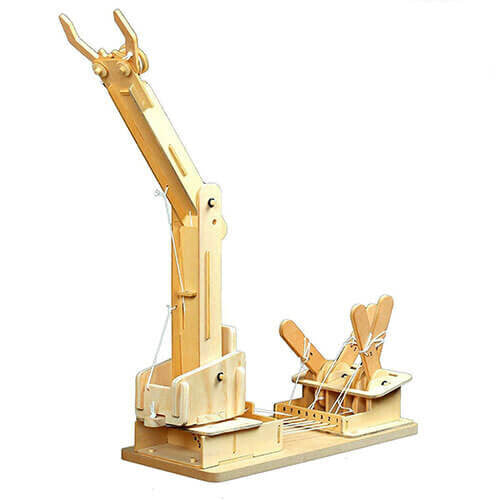 Natural wood crane model with a tall boom, pincer claw, and four string-operated control levers on a base.
