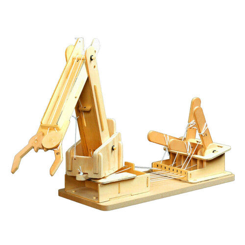 Wooden mechanical crane toy with a movable arm, claw, and lever controls operated by white pulley strings.