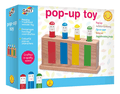 Product packaging for a wooden pop-up toy with four colorful smiley-face pegs on a wooden base.