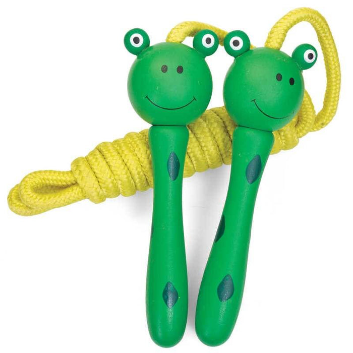 Green wooden handles shaped like smiling frog faces with big eyes and a thick, coiled yellow braided rope.