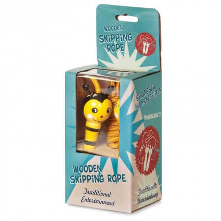 Bee-themed skipping rope with yellow and black striped wooden handles inside a blue and white retro display box.