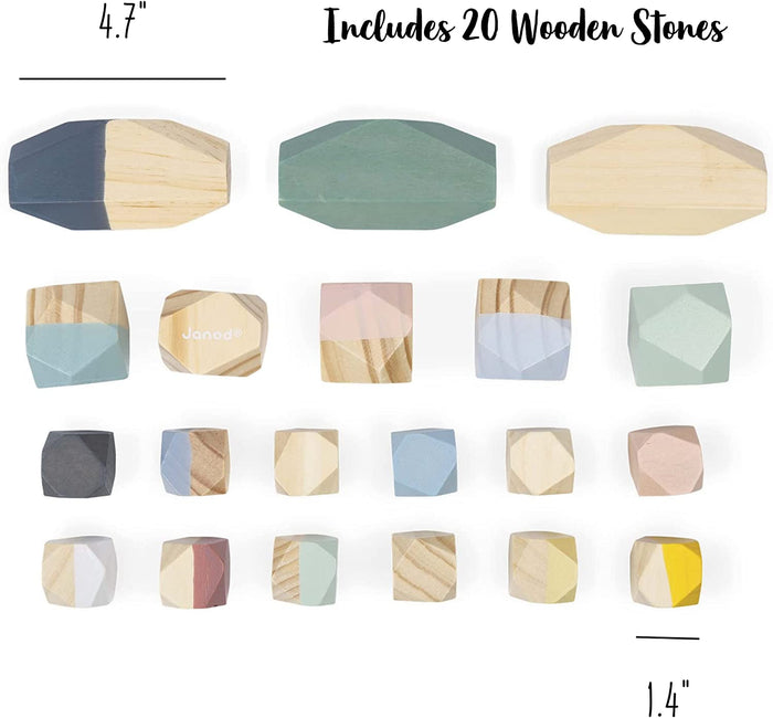 Set of 20 faceted wooden blocks in pastel colors and natural wood, ranging in size from 1.4 to 4.7 inches.