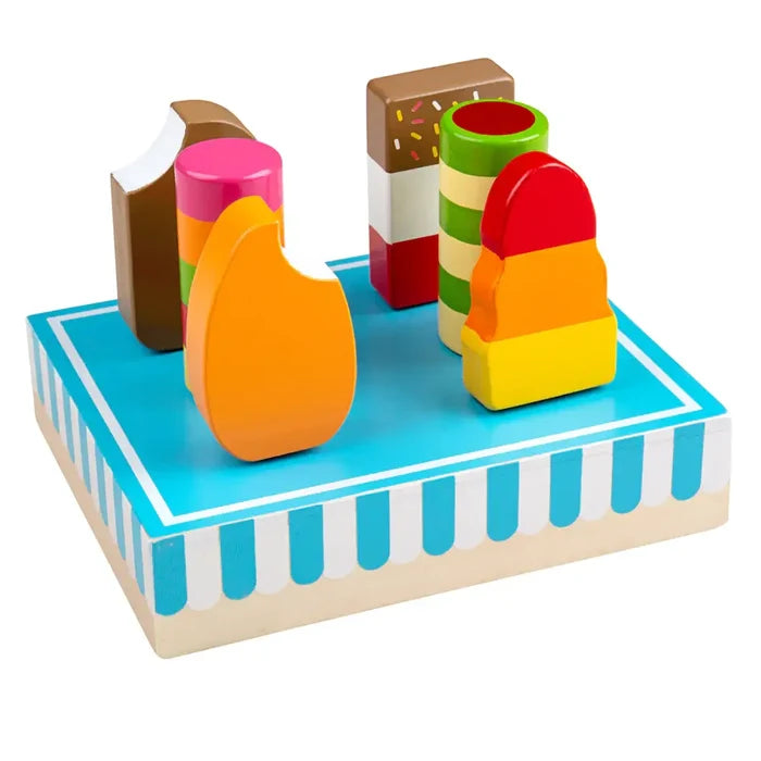 Five colorful wooden toy ice lollies in various shapes and patterns on a blue and white striped display stand.