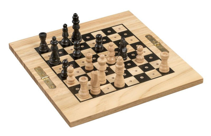 Folding wooden travel chess set with black and natural peg pieces standing on a light wood checkered board.