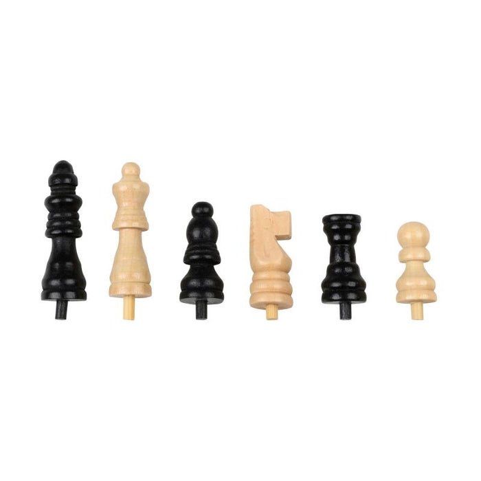 Six black and light wood chess pieces with bottom pegs for travel sets, arranged in a row on a white background.