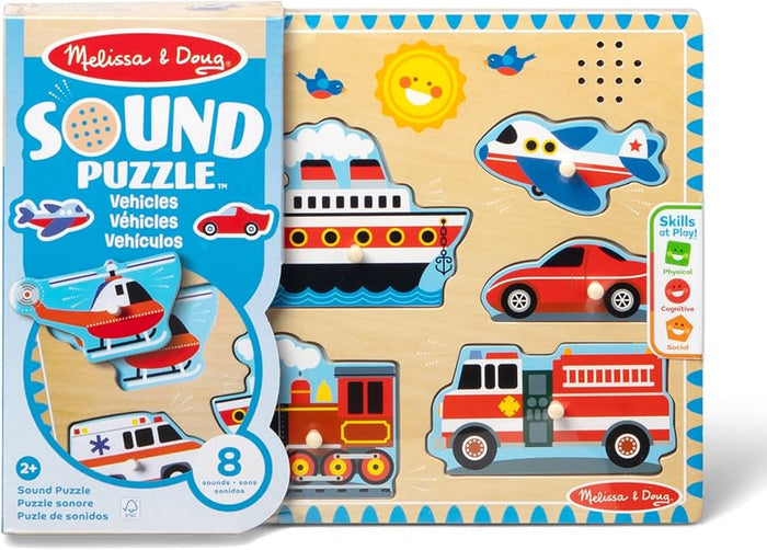 Wooden vehicle peg puzzle with colorful pieces, a sun, and speaker holes, shown in light blue packaging.