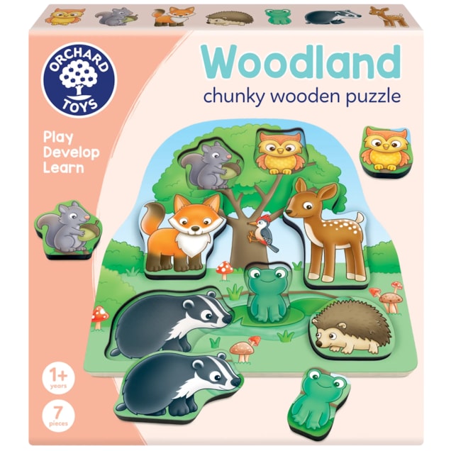 Pink Orchard Toys box for a 7-piece wooden puzzle featuring chunky forest animals like a fox, badger, and deer.