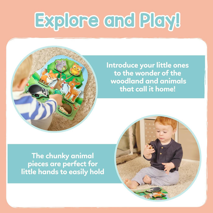 Toddlers playing with a tree-shaped wooden puzzle featuring chunky forest animals on a peach and blue background.