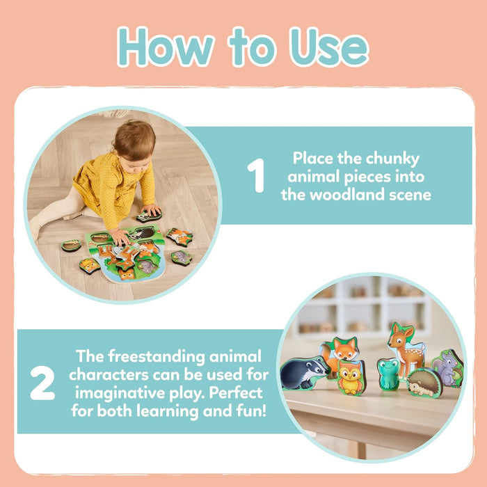 Infographic showing a child using a woodland puzzle and chunky animal pieces standing upright for imaginative play.