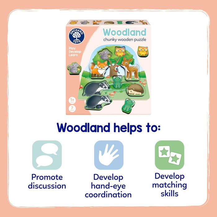 Woodland animal puzzle box with 7 chunky pieces and icons for discussion, coordination, and matching skills.