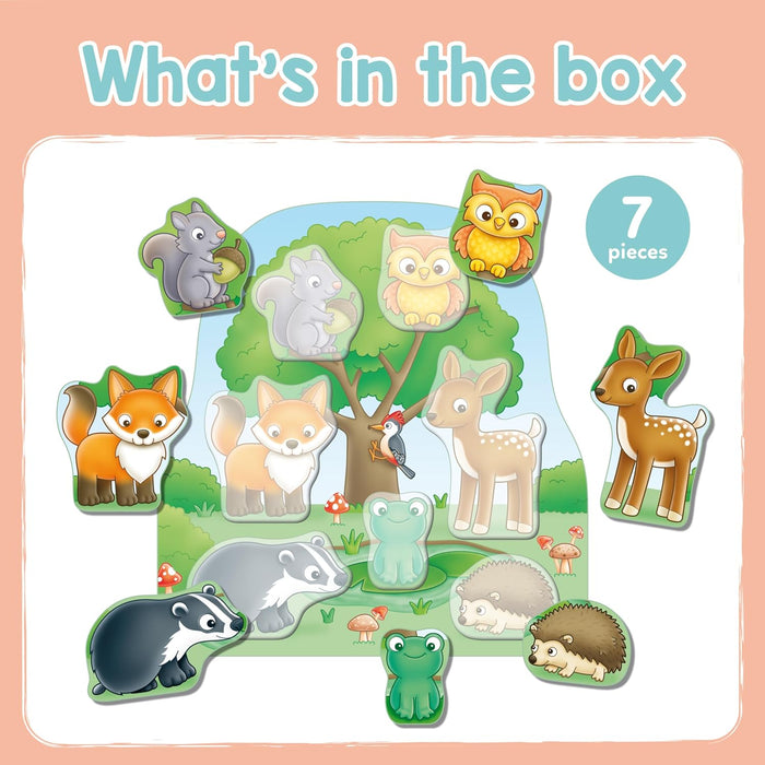 Seven colorful animal puzzle pieces, including a fox and deer, being matched to a cartoon forest puzzle board.