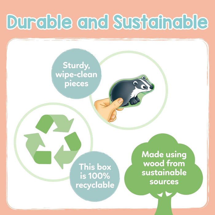 Graphic showing a wooden badger puzzle piece, a green recycling symbol, and a tree icon for sustainable materials.