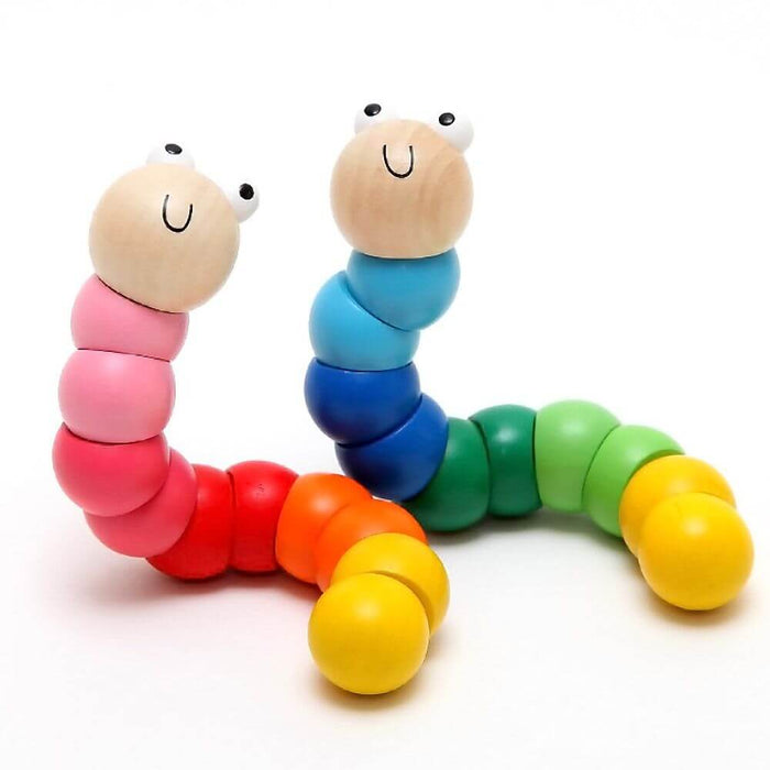 Two colorful jointed wooden worms with natural wood heads and big eyes, twisted into wavy shapes on white.