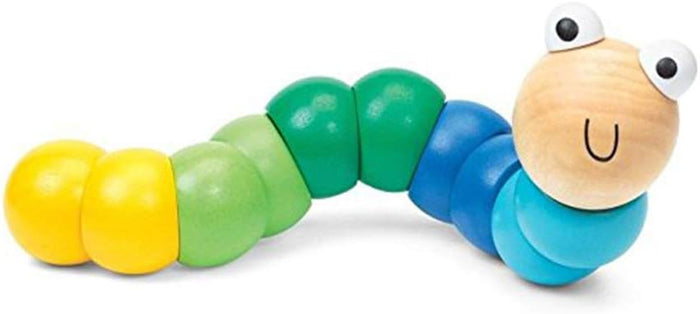 Colorful wooden worm with a natural wood head, big eyes, and a curved, segmented body in yellow, green, and blue hues.
