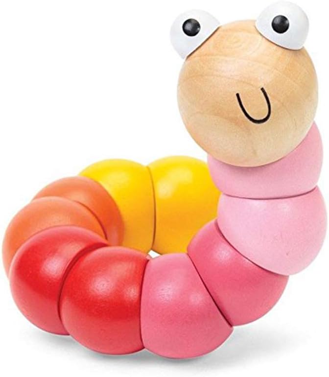 Wooden worm toy with a smiling face and colorful, round segments in pink, red, orange, and yellow.