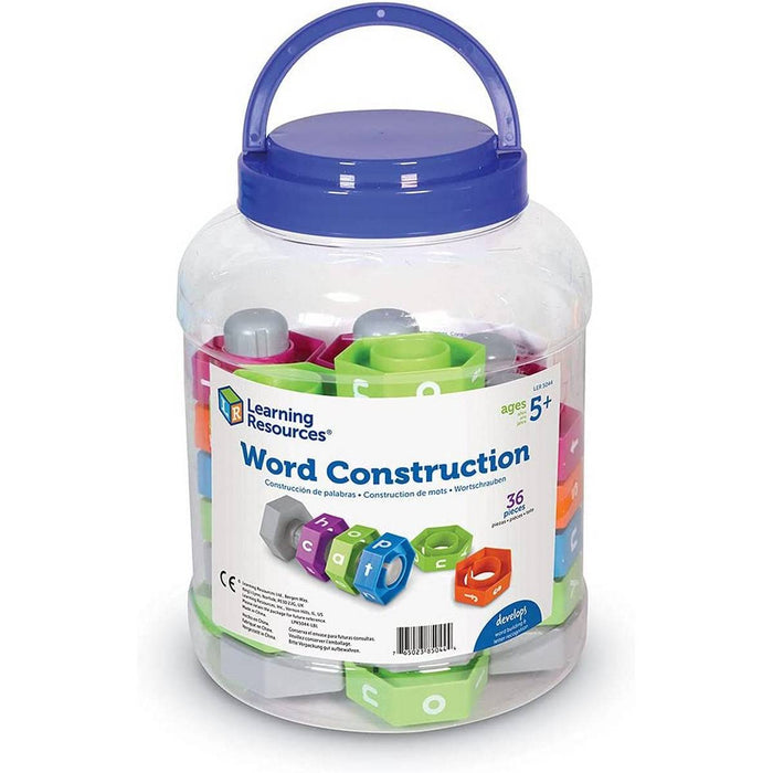 Clear storage jar with a blue handle filled with colorful hexagonal letter blocks for spelling words.
