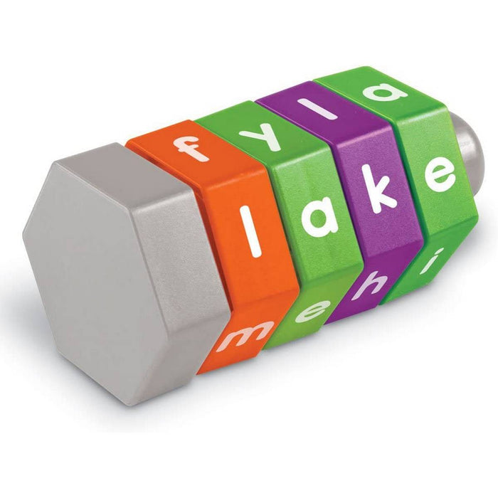 Hexagonal word toy with gray ends and four colorful rotating rings spelling lake in white lowercase letters.