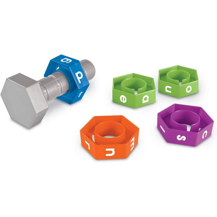 Gray plastic toy bolt with blue, green, orange, and purple hexagonal nuts featuring letters on their sides.
