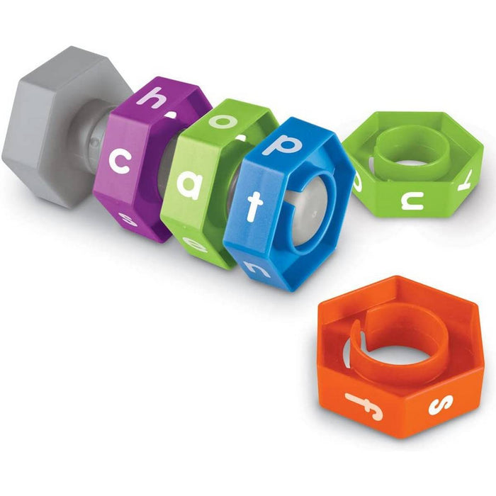 Colorful hexagonal letter nuts on a gray bolt spelling cat and hop, with loose orange and green nuts.