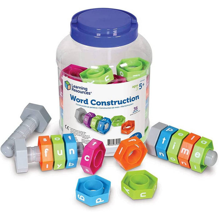 Colorful hexagonal nuts with letters on gray bolts spell fun and time next to a plastic storage jar with a blue lid.